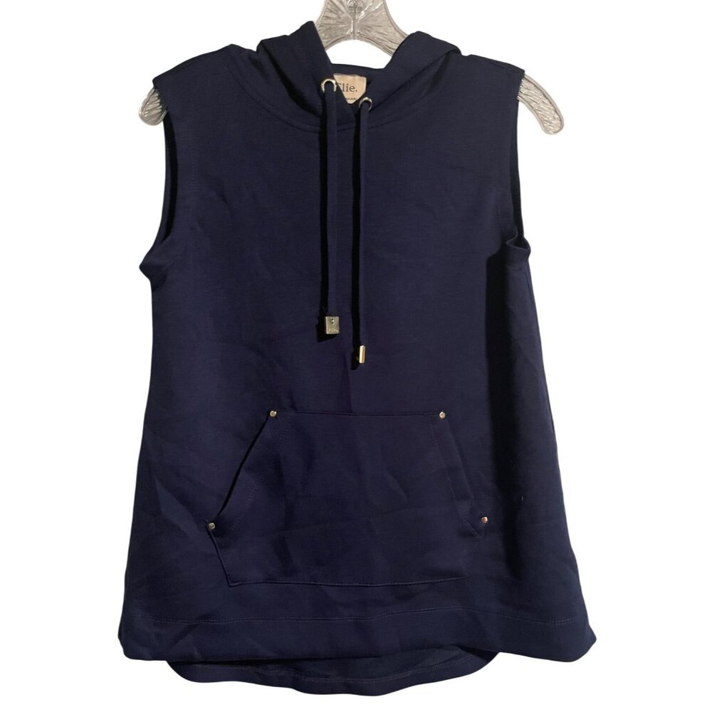 Elie Tahari Sleeveless Hoodie Navy Womens S Pullover Drawstring Kangaroo Pocket